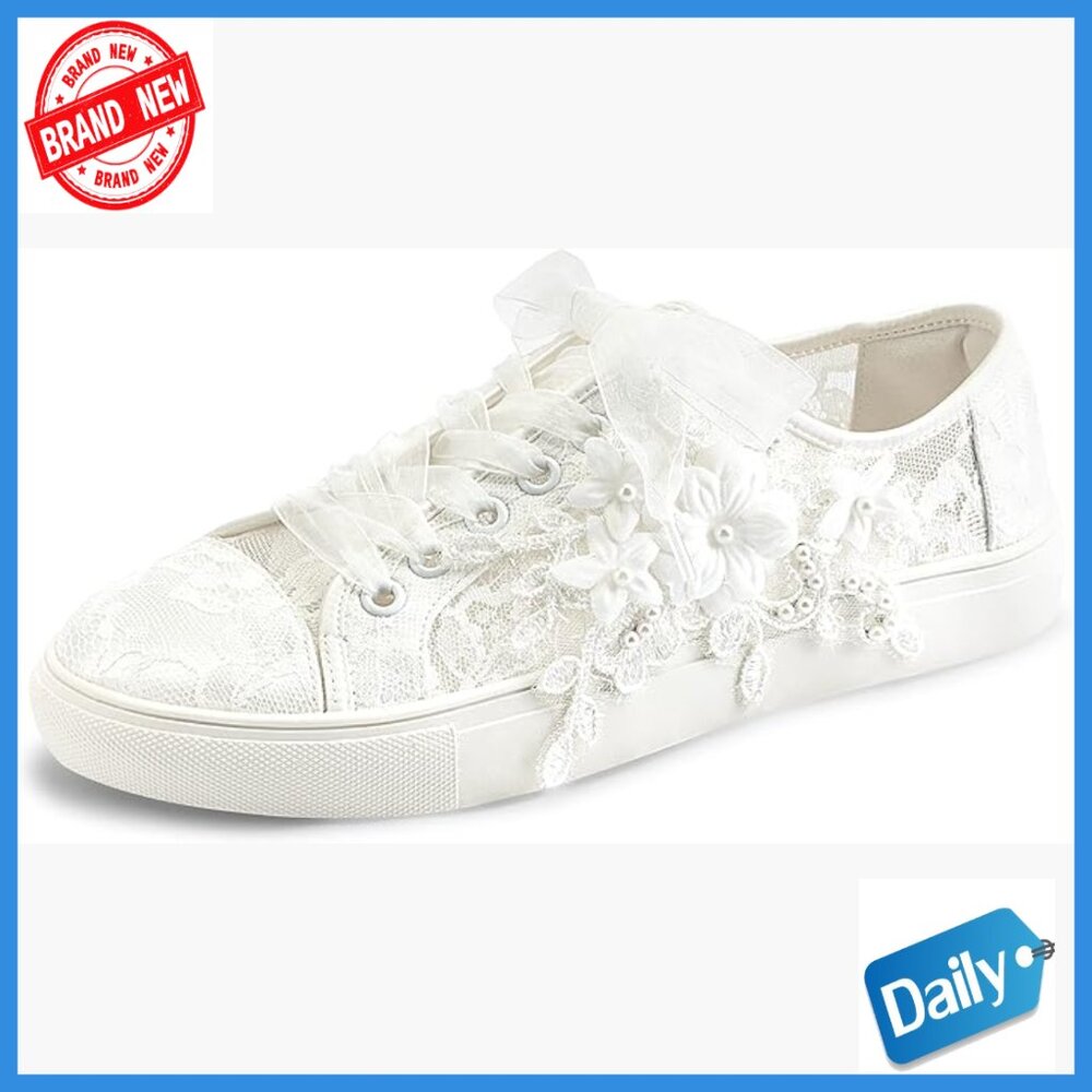 Wedding Sneakers Flats Lace-Up Bridal Shoes Rhinestone Embellished